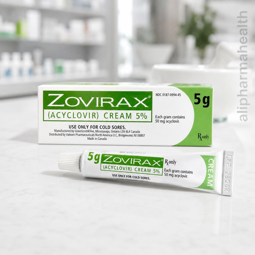 Zovirax Acyclovir 5 Percent Cream 5g for cold sores, genital herpes, herpes simplex virus and antiviral skin treatment.